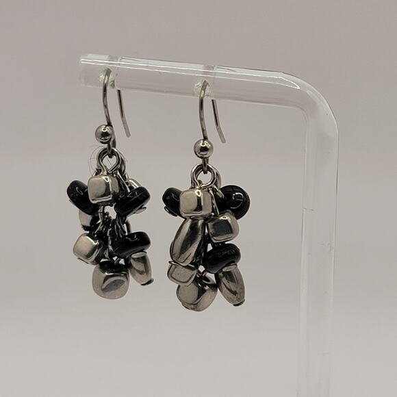 Dangle Drop Earrings Cha Cha Silver Tone Black Metal Acrylic Beads Pierced Hooks - Picture 2 of 6